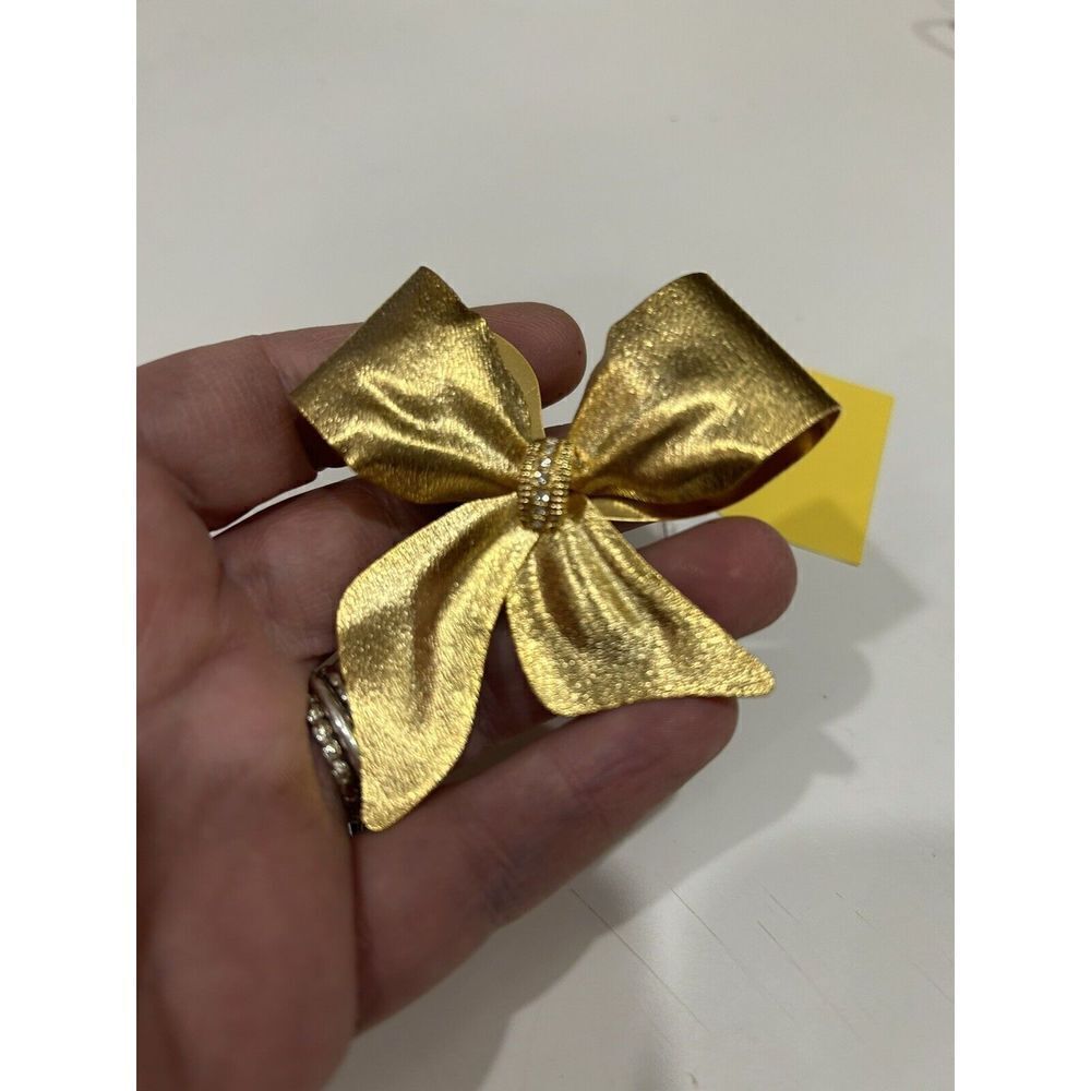 Vintage Tona Brooch Gold Tone Satin Bow Rhinestone Christmas Holiday Brooch.